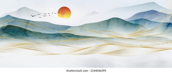 Landscape art background with sun, mountains and hills and golden waves in line art style. Oriental watercolor banner for interior decoration design, design, print, packaging, wallpaper - Shutterstock ID 2144046395
