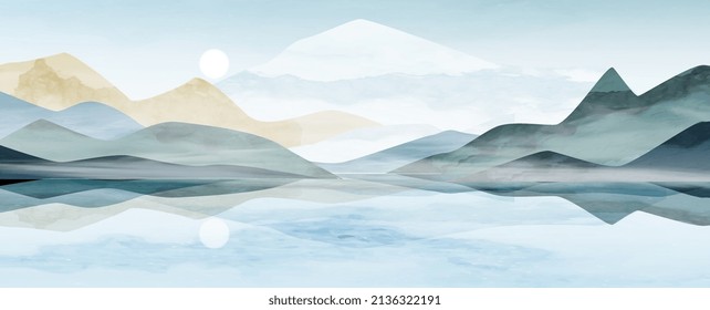 Landscape art banner with mountains and hills on the lake or sea. Vector abstract banner in watercolor style for home interior design, design, packaging