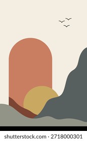 Arte paisagística da decoração de parede boho arch. Fundo de ilustração moderna boho arco paisagem