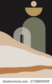 Landschaftskunst der Boho Bogen Wand Dekor. Moderner Boho Bogen Landschaft Illustration Hintergrund