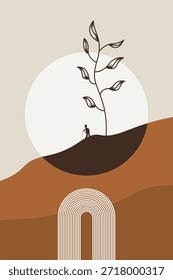 Landscape art of boho arch wall decor. Modern boho arch landscape illustration background