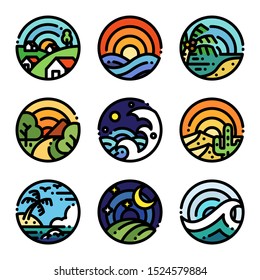 Landscape art colour illustration in round shape. Line view icons.