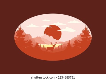 Landscape art illustration of a deer standing in front of the lake