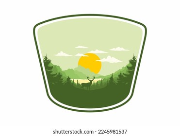 Landscape art illustration of a deer standing in front of the lake
