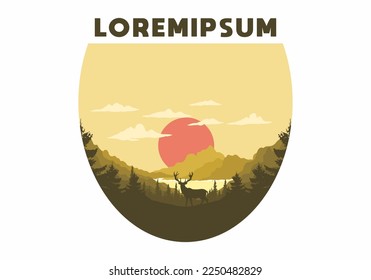 Landscape art illustration of a deer standing in front of the lake