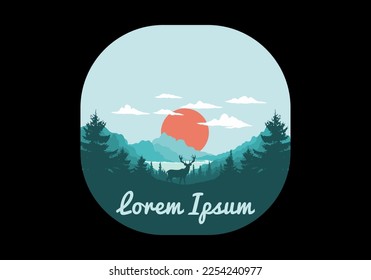 Landscape art illustration of a deer standing in front of the lake
