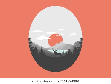 Landscape art illustration of a deer standing in front of the lake