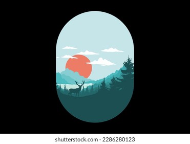 Landscape art illustration of a deer standing in front of the lake