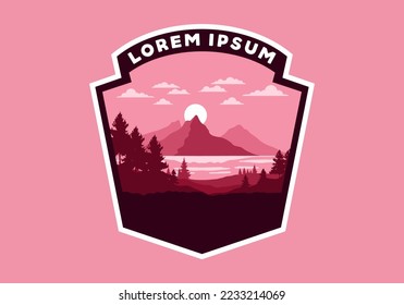 Landscape art illustration of a mountain, lake and pine trees