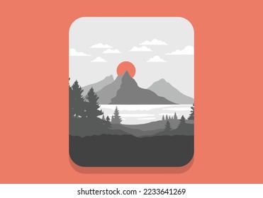 Landscape art illustration of a mountain, lake and pine trees