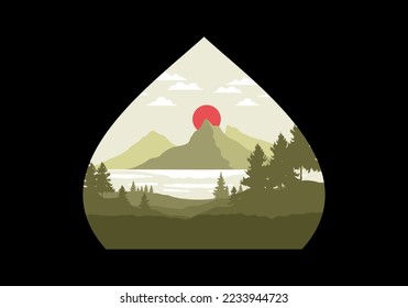 Landscape art illustration of a mountain, lake and pine trees