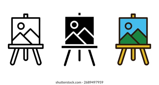 Obra de arte del paisaje que se muestra en el Vector del icono del caballete de los artistas. símbolo de la educación y de los proyectos creativos. Ilustración vectorial.