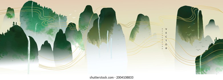 Landscape Asian Background ,Oriental Chinese And Japanese Style Abstract Pattern Background Design  With Mountain And Waterfall Decorate In Water Color Texture