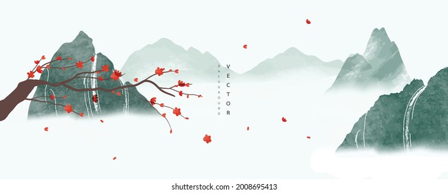 landscape Asian background ,Oriental Chinese and Japanese style abstract pattern background design  with mountain and waterfall decorate in water color texture