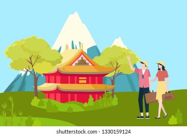 Landscape of Asian country vector, place with mountain and snowy peak, architecture style of Asia and nature. Travelers walking with bags, couple vacation