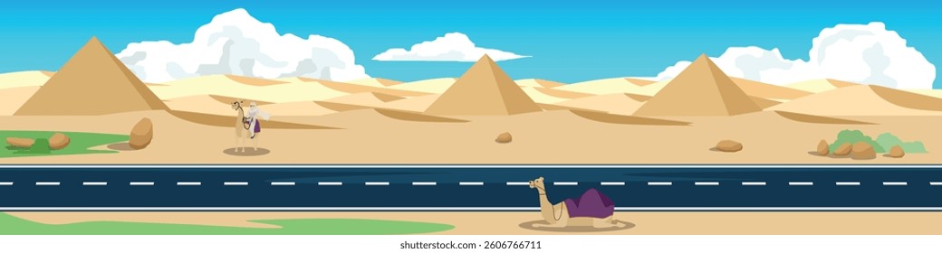 Landscape of asphalt road cutting through the desert area. Background of Pyramid on the desert floor. Was a camel sitting on the side of the road and an Arab was riding it. Under blue sky.