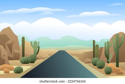 Landscape with an asphalt road stretching into distance. Path through the desert. Rocks cliffs and cacti. Journey beyond horizon. Cartoon fun style. Flat design. Vector.