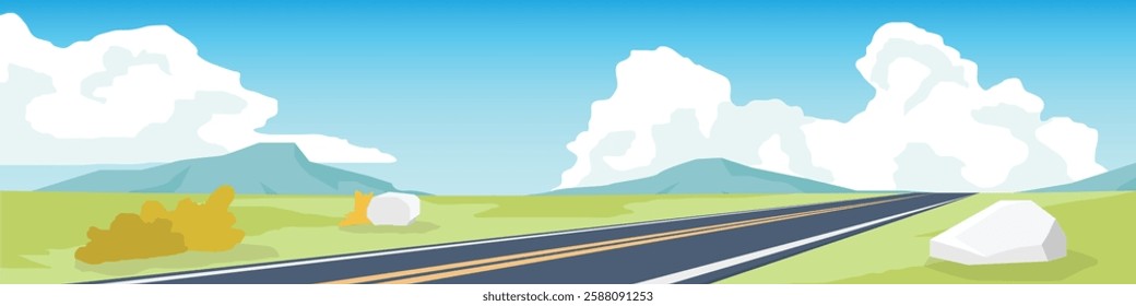 Landscape asphalt road stretching into the distance. White clouds and bright blue sky. While rolling hills and patches of foliage add depth. Evokes a sense of whimsical travel and a peaceful journey.
