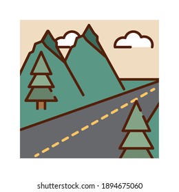 landscape asphalt route mountains trees sky nature cartoon, vector illustration filled line flat colors