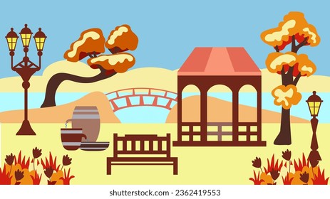 Landscape with an autumn city park with a gazebo, a bench, a fountain and a bridge across the river, illustration in a flat cartoon style.