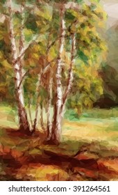 Landscape, Autumn Forest, Low Poly Geometrical Polygonal Colorful Pattern. Vector
