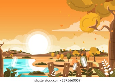 Landscape Autumn with lake and sunset on sky background.