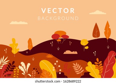 Landscape autumn nature background. Vector flat simple yellow fall design. Landscape illustration greeting card design template