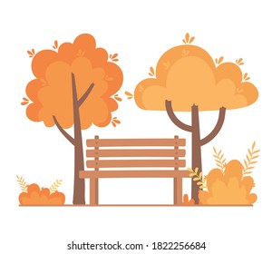 landscape in autumn nature scene, bench park trees bushes branch vector illustration