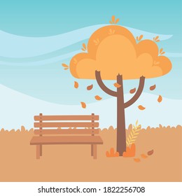 landscape in autumn nature scene, bench park falling leaves tree vector illustration