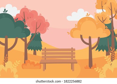 landscape in autumn nature scene, bench rural trees park bushes foliage vector illustration