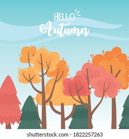 landscape in autumn nature scene, forest trees countryside vector illustration