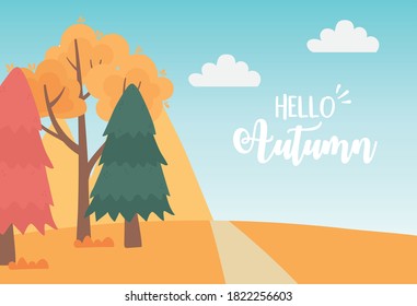 landscape in autumn nature scene, pine trees path rural panoramic vector illustration