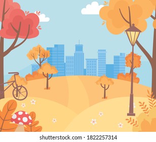 landscape in autumn nature scene, urban cityscape hills bicycle trees foliage vector illustration