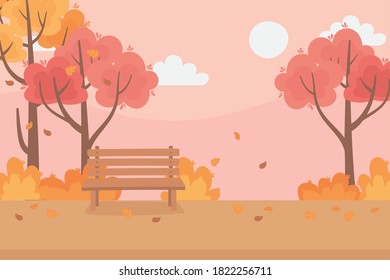 landscape in autumn scene, fall leaves trees meadow nature bench park vector illustration