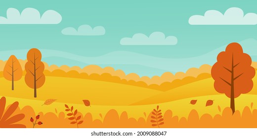 Landscape of the autumn valley on a sunny day. Vector banner in the flat style. Perfect for a banner in the app or on the website, as well as for advertising the spring season