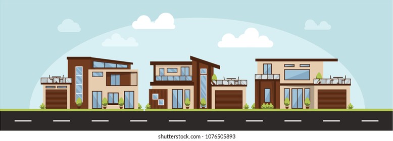 Landscape of awesome Vector Flat Illustration modern houses, family home, office building, private apartment, beauty architecture for dream houses urban city brown style