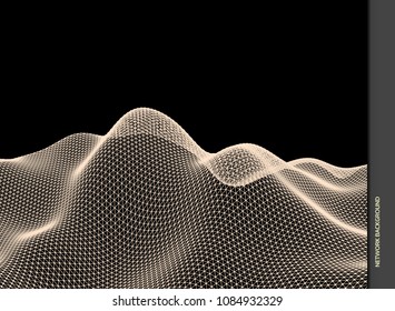 Landscape background. 3D wireframe terrain. Network abstract background. Cyberspace grid. Technology vector illustration.