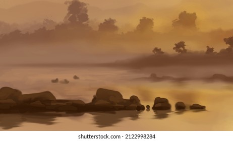 Landschaftshintergrund. Abstrakte Kunstvorlage mit Farbelementen. Sunrise Sunset Hintergrund abstraktes Bannerdesign im Naturstil. Vektorgrafik.
