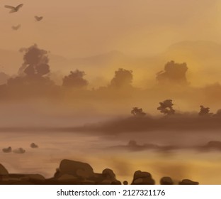 Landscape background. Abstract art template with paint elements. Sunrise Sunset background abstract banner design in nature style. Vector illustration.