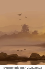 Landscape background. Abstract art template with paint elements. Sunrise Sunset background abstract banner design in nature style. Vector illustration.