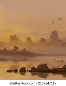 Landscape background. Abstract art template with paint elements. Sunrise Sunset background abstract banner design in nature style. Vector illustration.