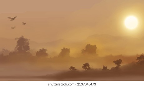 Landscape background. Abstract art template with paint elements. Sunrise Sunset background abstract banner design in nature style. Vector illustration.