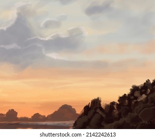 Landscape background. Abstract art template with paint elements. Sunrise Sunset background abstract banner design in nature style. Vector illustration.