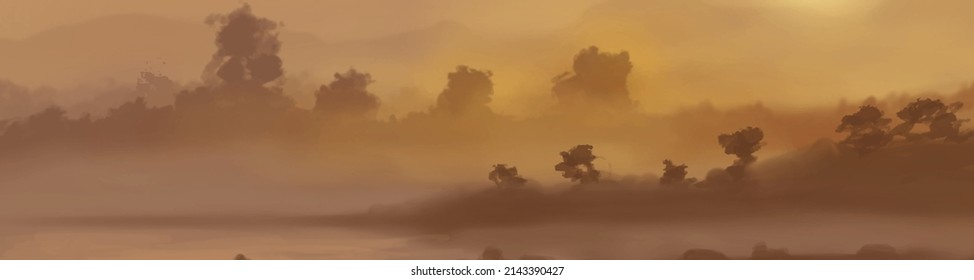 Landschaftshintergrund. Abstrakte Kunstvorlage mit Farbelementen. Sunrise Sunset Hintergrund abstraktes Bannerdesign im Naturstil. Vektorgrafik.
