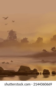 Landscape background. Abstract art template with paint elements. Sunrise Sunset background abstract banner design in nature style. Vector illustration.