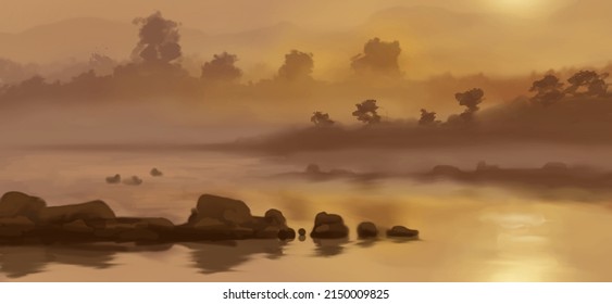 Landscape background. Abstract art template with paint elements. Sunrise Sunset background abstract banner design in nature style. Vector illustration.