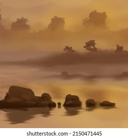 Landscape background. Abstract art template with paint elements. Sunrise Sunset background abstract banner design in nature style. Vector illustration.