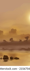 Landscape background. Abstract art template with paint elements. Sunrise Sunset background abstract banner design in nature style. Vector illustration.