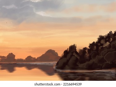 Fondo paisajístico. Plantilla de arte abstracta con elementos de pintura. Diseño abstracto de banner de fondo Sunrise Sunset en estilo natural. Ilustración vectorial.