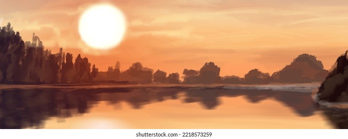 Landscape background. Abstract art template with paint elements. Sunrise Sunset background abstract banner design in nature style. Vector illustration.